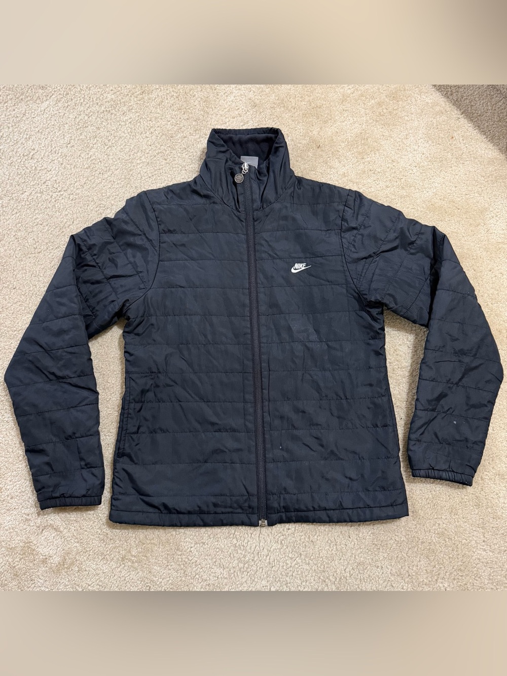 Nike Women's Black Quilted Puffer Jacket with White Swoosh Lightweight Medium